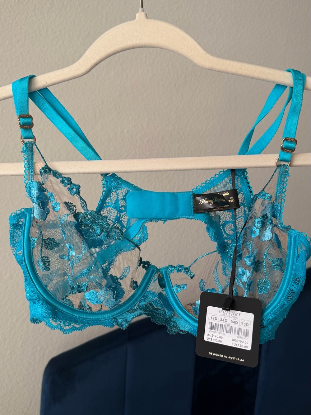 Honey Birdette Turquoise Floral Lace Underwire Bra